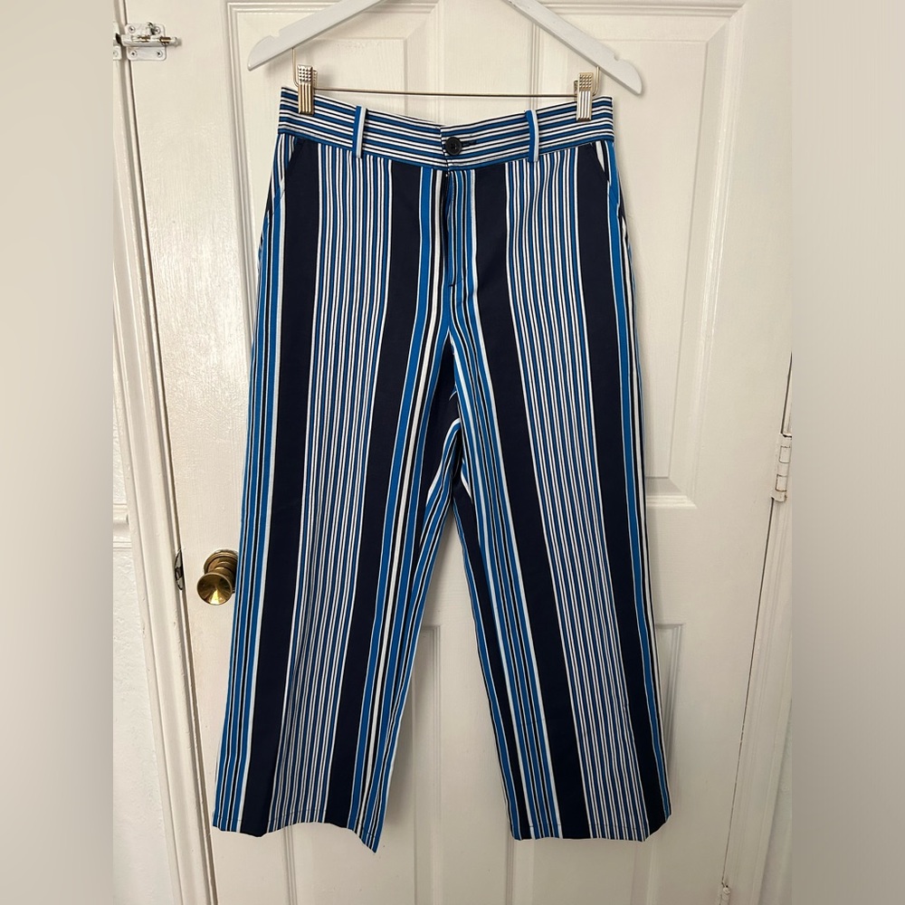 LOFT Navy, Blue & White Vertical-Stripe Wide Leg Chinos